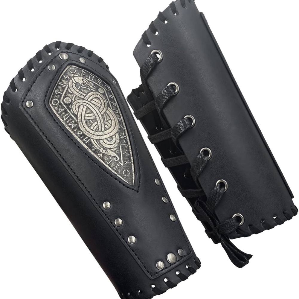 Viking Embossed Black Leather Faux Arm Guards with Silver Accents Arm Bracers